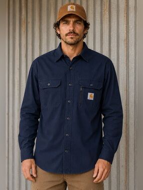 Carhartt Ripstop Long Sleeve Work Shirt Men’s Medium Navy Button Front